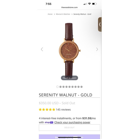New In Box Women\'s $350‎ Woodstone Watch Serenity Walnut Gold Jewelry Leather main image 6